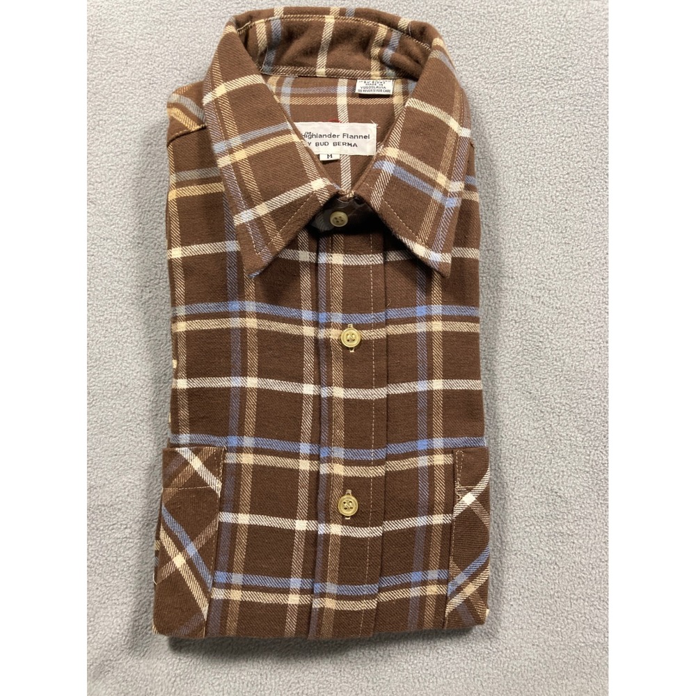 VTG Bud Berma Men's Medium Brown Plaid Flannel Long Sleeve Button Down